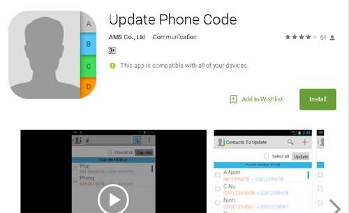 Một ứng dụng cập nhật danh bạ khác cũng được nhiều người sử dụng hiện nay cho smartphone Android đó là Update Phone Code do công ty AMS phát triển.