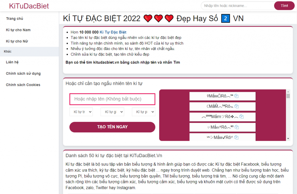 Kitudacbiet.vn Công cụ tạo kí tự FF đẹp